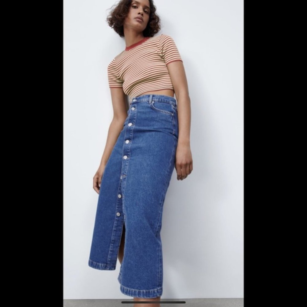 Zara Blue Denim Midi Skirt